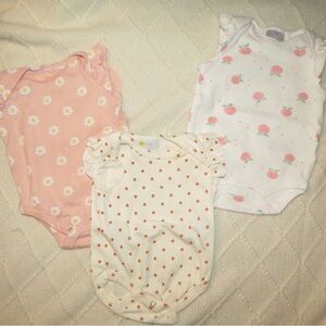 Baby Girl Peach & Cream Bodysuit Trio - Floral, Peach Print & Polka Dot